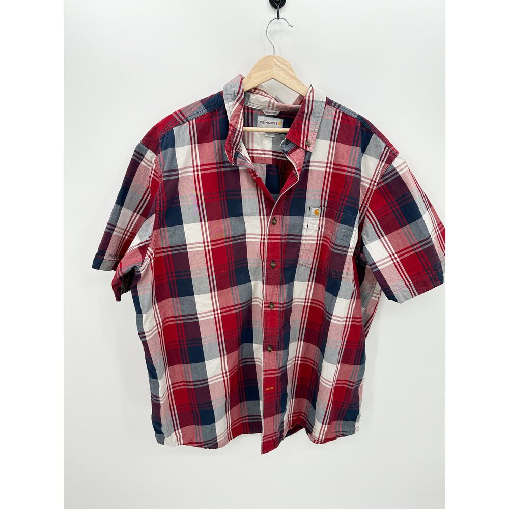 Carhartt Mens 2XL Red Blue Plaid Short Sleeve Relaxed Fit Cotton Shirt 103005